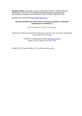 Molecular Identification of the Primary Root Fungal Endophytes of Dipodium Hamiltonianum (Orchidaceae)