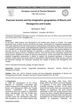 Post-War Tourism and the Imaginative Geographies of Bosnia and Herzegovina and Croatia
