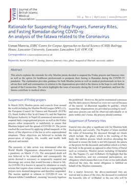 Rationale for Suspending Friday Prayers, Funerary Rites, and Fasting Ramadan During COVID-19: an Analysis of the Fatawa Related to the Coronavirus