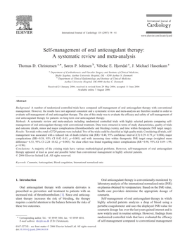 Self-Management of Oral Anticoagulant Therapy: a Systematic Review and Meta-Analysis ⁎ Thomas D