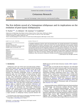 The First Definite Record of a Valanginian Ichthyosaur and Its Implications on the Evolution of Post-Liassic Ichthyosauria