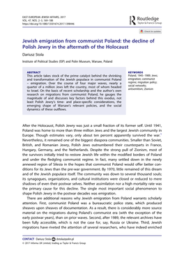 Jewish Emigration from Communist Poland: the Decline of Polish Jewry in the Aftermath of the Holocaust