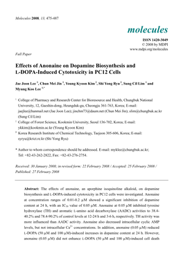 Effects of Anonaine on Dopamine Biosynthesis and L-DOPA-Induced Cytotoxicity in PC12 Cells