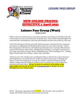 NEW ONLINE PRICING EFFECTIVE 1 April 2021 Leisure Pass Group