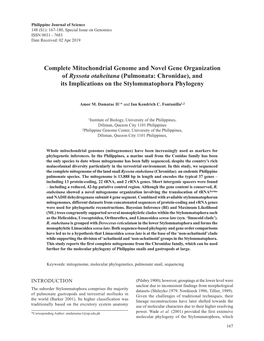 Complete Mitochondrial Genome and Novel Gene Organization of Ryssota Otaheitana (Pulmonata: Chronidae), and Its Implications on the Stylommatophora Phylogeny