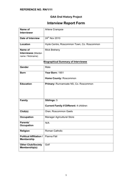 GAA Oral History Project Interview Report Form