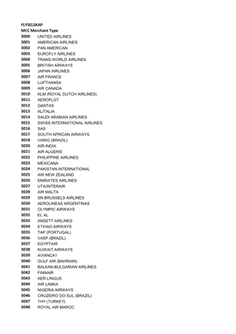 FLYSELSKAP MCC Merchant Type 3000 3001 3002 3003 3004 3005 3006 3007 3008 3009 3010 3011 3012 3013 3014 3015 3016 3017 3018 3020
