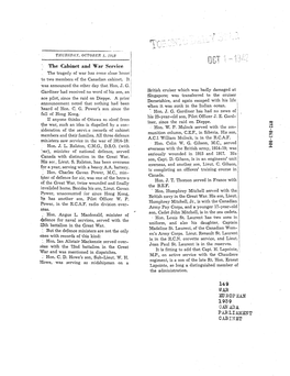 The Cabinet and War Service the Tragedy of War Has Come Close Home to Two Members of the Canadian Cabinet