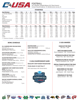 FOOTBALL 2017 SEASON Â Media Release (2017 Bowl Season) Contact: Russell Anderson Â Rdanderson@C-Usa.Org Â STANDINGS East Division W-L Pct