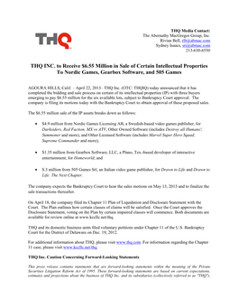 THQ INC. to Receive $6.55 Million in Sale of Certain Intellectual Properties to Nordic Games, Gearbox Software, and 505 Games