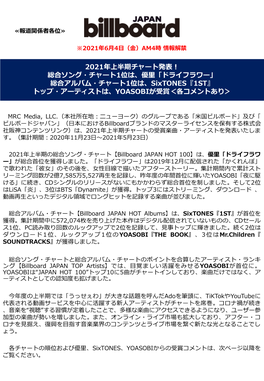2021年上半期チャート発表！ 総合ソング・チャート1位は、優里「ドライフラワー」 総合アルバム・チャート1位は、Sixtones『1ST』 トップ・アーティストは、YOASOBIが受賞＜各コメントあり＞