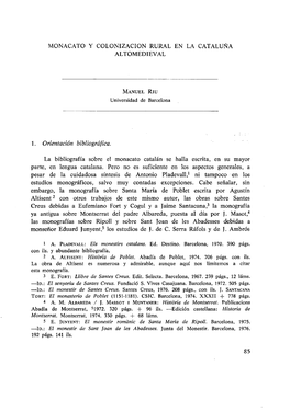 Monacato Y Colonizacion Rural En La Cataluña Altomedieval