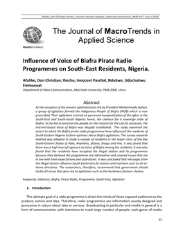 Influence of Voice of Biafra Pirate Radio Programmes on South-East Residents, Nigeria