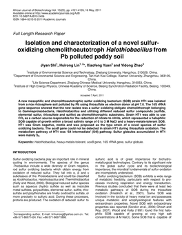 Isolation and Characterization of a Novel Sulfur- Oxidizing Chemolithoautotroph Halothiobacillus from Pb Polluted Paddy Soil