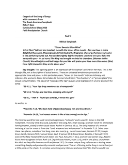 Exegesis of the Song of Songs with Comments from the Great American Songbook Robert Case Sunday School Class 2016 Faith Presbyterian Church