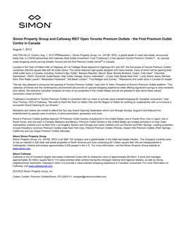 Simon Property Group and Calloway REIT Open Toronto Premium Outlets - the First Premium Outlet Centre in Canada