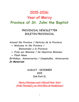2015-2016: Year of Mercy Province of St. John the Baptist