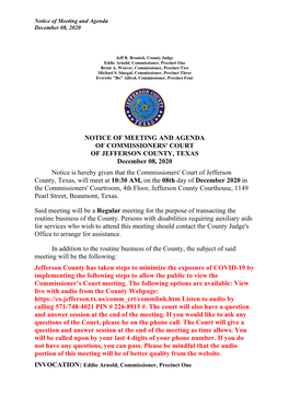 Notice of Meeting and Agenda of Commissioners' Court Of