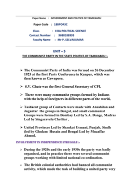 5 the Communist Party of India Was Formed on 26 December 1925 At