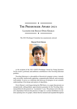 The Presburger Award 2021 Laudatio for Shayan Oveis Gharan