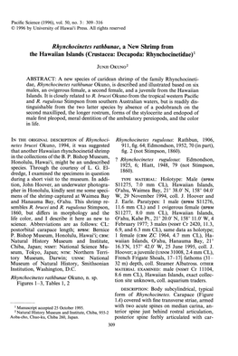 Rhynchocinetes Rathhunae, a New Shrimp from the Hawaiian Islands (Crustacea: Decapoda: Rhynchocinetidae)L