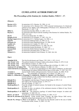 CUMULATIVE AUTHOR INDEX of the Proceedings of the Seminar for Arabian Studies, VOLS 1 – 37