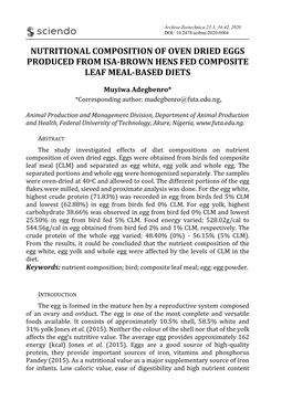 Nutritional Composition of Oven Dried Eggs Produced from Isa-Brown Hens Fed Composite Leaf Meal-Based Diets