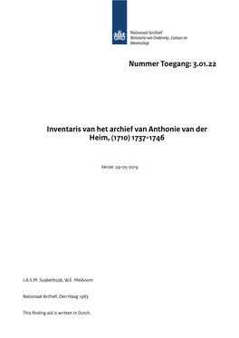 3.01.22 Inventaris Van Het Archief Van Anthonie Van Der Heim, (1710)