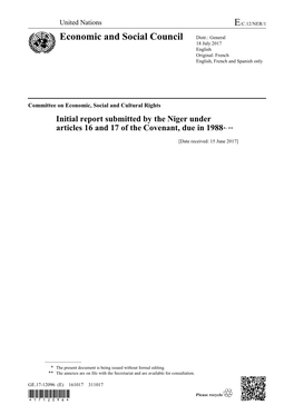 Initial Report Submitted by the Niger Under Articles 16 and 17 of the Covenant, Due in 1988*, **