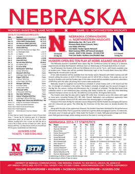 Nebraska 2016-17 Statistics Huskers Open Big Ten Play