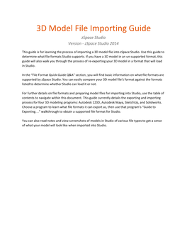 3D Model File Importing Guide Zspace Studio Version - Zspace Studio 2014