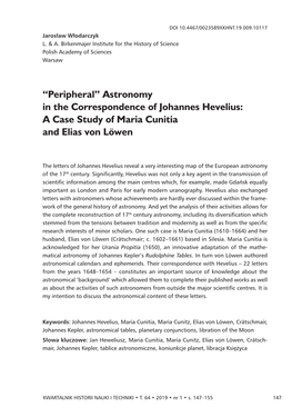 Astronomy in the Correspondence of Johannes Hevelius: a Case Study of Maria Cunitia and Elias Von Löwen