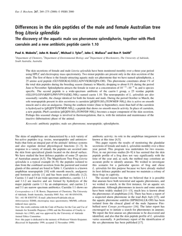 Differences in the Skin Peptides of the Male and Female Australian Tree