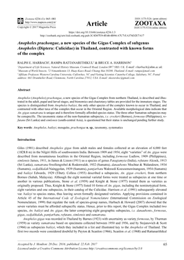 Anopheles Prachongae, a New Species of the Gigas Complex of Subgenus Anopheles (Diptera: Culicidae) in Thailand, Contrasted with Known Forms of the Complex