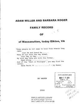 ADAM MILLER and BARBARA KOGER FAMILY RECORD of Of