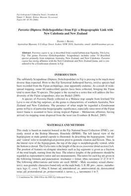 Parentia (Diptera: Dolichopodidae) from Fiji: a Biogeographic Link with New Caledonia and New Zealand