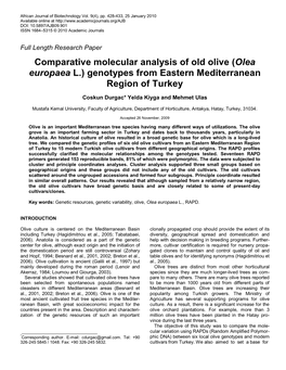 Olea Europaea L.) Genotypes from Eastern Mediterranean Region of Turkey