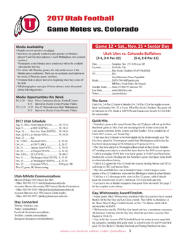 2017 Utah Football Game Notes Vs. Colorado