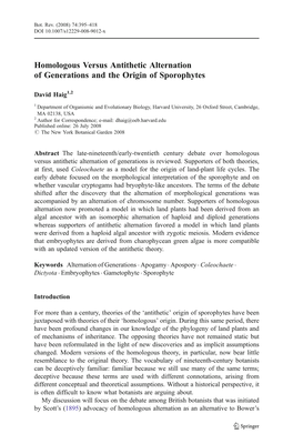 Homologous Versus Antithetic Alternation of Generations and the Origin of Sporophytes