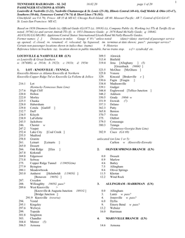 1 TENNESSEE RAILROADS – SL 242 16.02.20 Page 1 of 20 PASSENGER STATIONS & STOPS Louisville & Nashville (1-21), Nashville Chattanooga & St