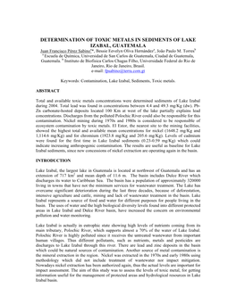 DETERMINATION of TOXIC METALS in SEDIMENTS of LAKE IZABAL, GUATEMALA Juan Francisco Pérez Sabinoa*, Bessie Eevelyn Oliva Hernándeza, João Paulo M