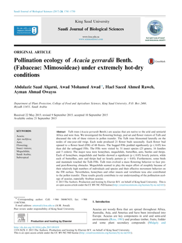 Pollination Ecology of Acacia Gerrardii Benth. (Fabaceae: Mimosoideae) Under Extremely Hot-Dry Conditions