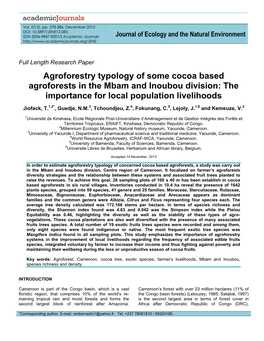 Agroforestry Typology of Some Cocoa Based Agroforests in the Mbam and Inoubou Division: the Importance for Local Population Livelihoods