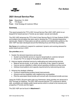 2021 Annual Service Plan (For Action)