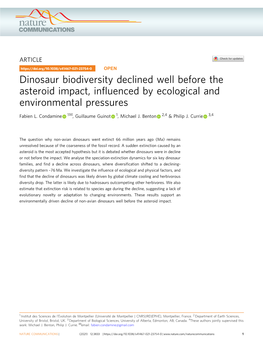 Dinosaur Biodiversity Declined Well Before the Asteroid Impact, Inﬂuenced by Ecological and Environmental Pressures ✉ Fabien L