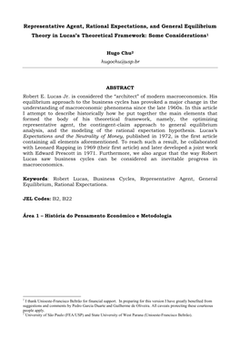 Representative Agent, Rational Expectations, and General Equilibrium Theory in Lucas’S Theoretical Framework: Some Considerations1