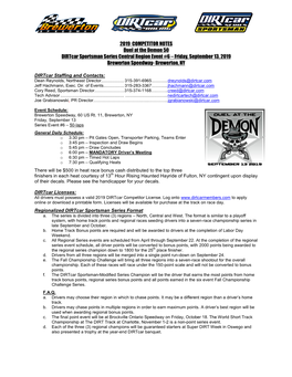 2019 COMPETITOR NOTES Duel at the Demon 50 Dirtcar Sportsman Series Central Region Event #6 – Friday, September 13, 2019 Brewerton Speedway- Brewerton, NY