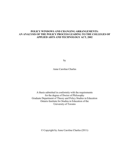 Policy Windows and Changing Arrangements: an Analysis of the Policy Process Leading to the Colleges of Applied Arts and Technology Act, 2002