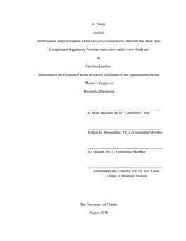 A Thesis Entitled Identification and Description of Burkholderia Pseudomallei Proteins That Bind Host Complement-Regulatory Prot