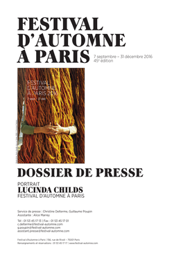 DOSSIER DE PRESSE Portrait LUCINDA CHILDS Festival D’Automne À Paris